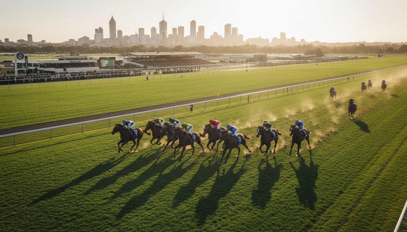 Racehorses galloping down the home straight with the city skyline behind