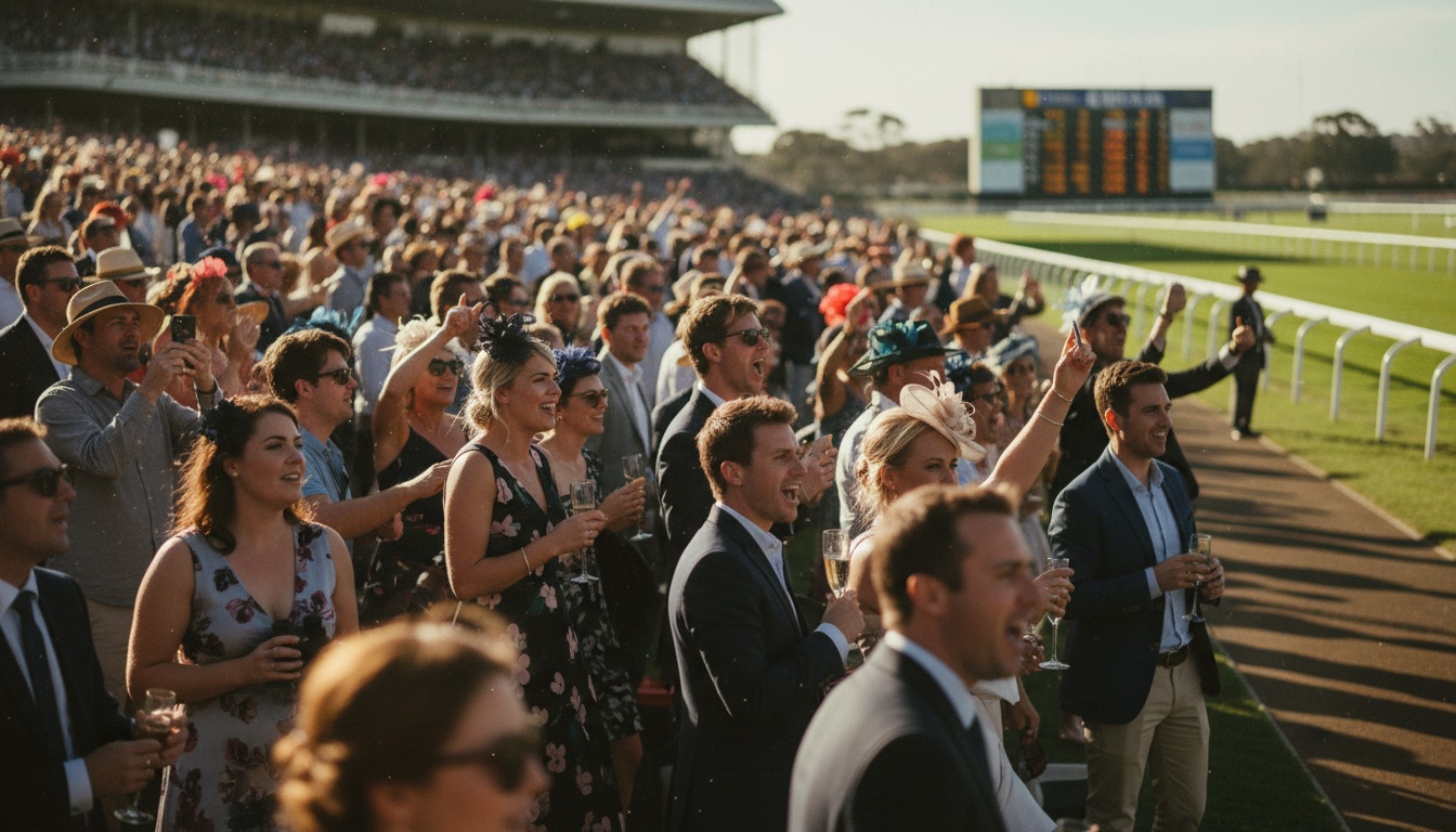 Crowd cheering trackside at an Australian race meeting